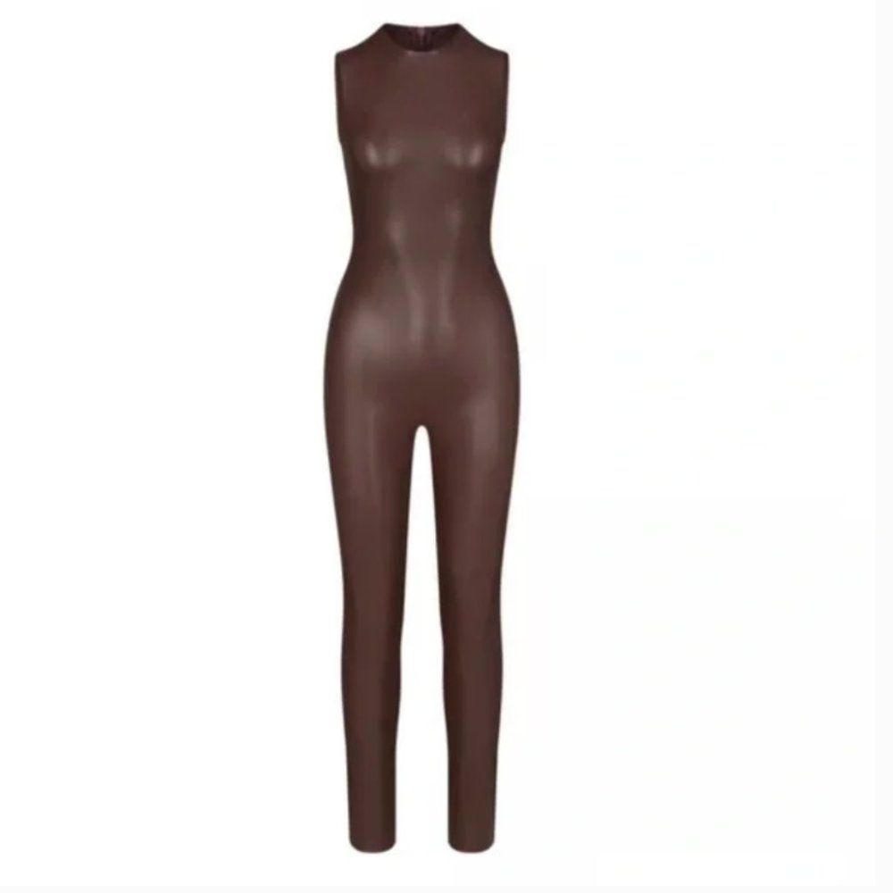 NWT SKIMS Faux Leather Catsuit in Cocoa size XS